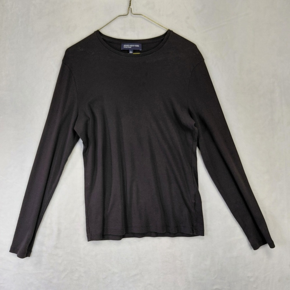 Jones New York Signature Brown Ribbed Long Sleeve Crew Neck Top Large